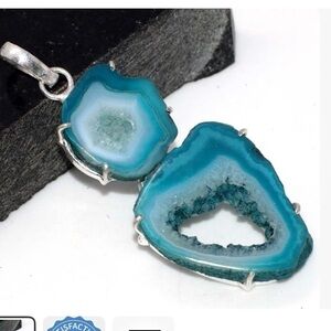Agate Geode Slice 925 Silver Plated Long Gemstone Handmade Pendant 2.6".